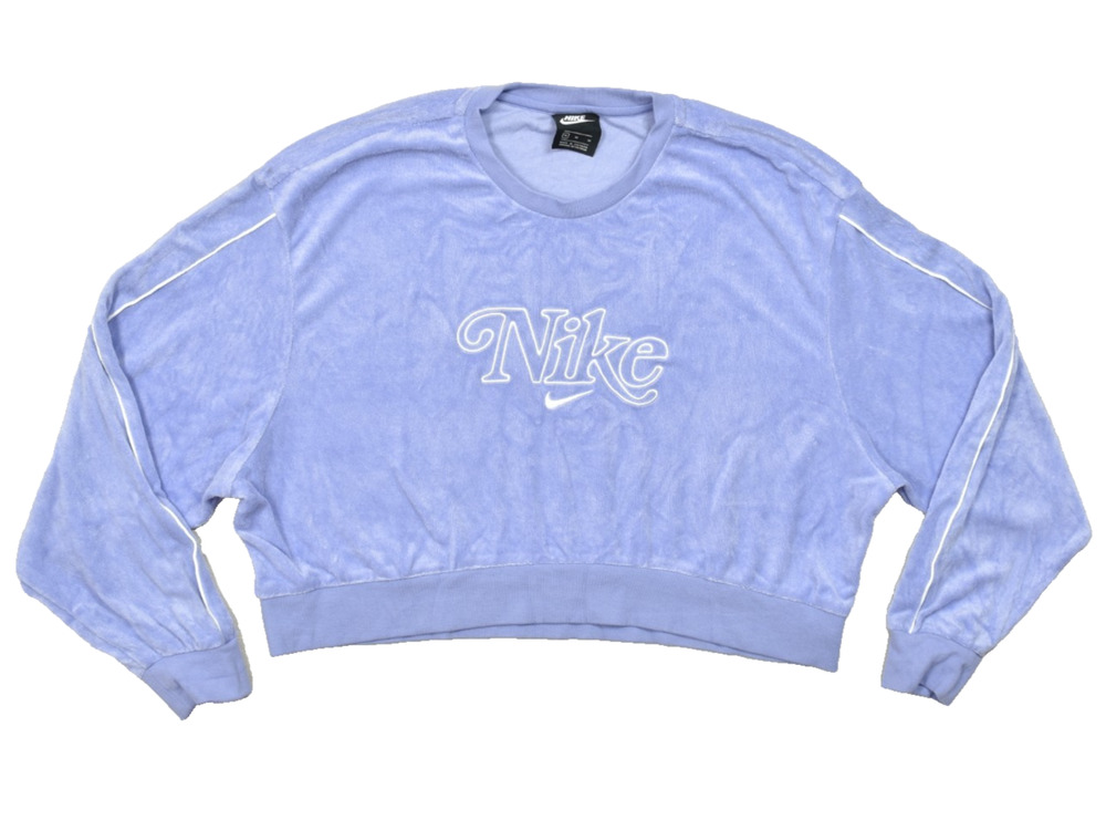 Nike Women's Medium Purple Velour Cropped Pullover Crewneck Sweater Script Logo
